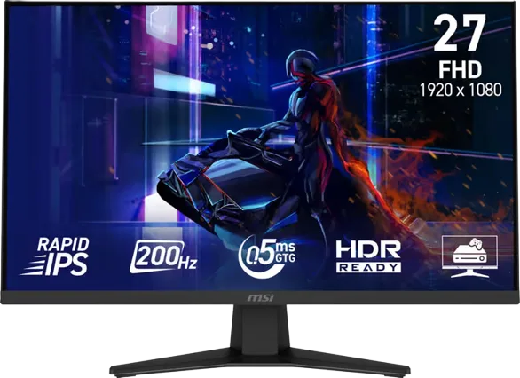 شاشة MSI MAG 274F مقاس 27 بوصة، بدقة FHD ‏(1920×1080)، IPS، معدل تحديث 200 هرتز، وزمن استجابة 0.5 مللي ثانية.