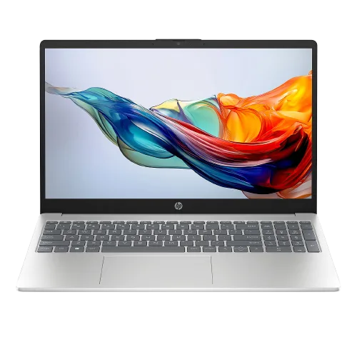 لابتوب HP 15-fd0445nr بشاشة 15.6 بوصة، لون فضي، معالج Intel Core i5-1235U، ذاكرة 8GB RAM، وحدة تخزين SSD سعة 256GB، يعمل بنظام Windows 11.